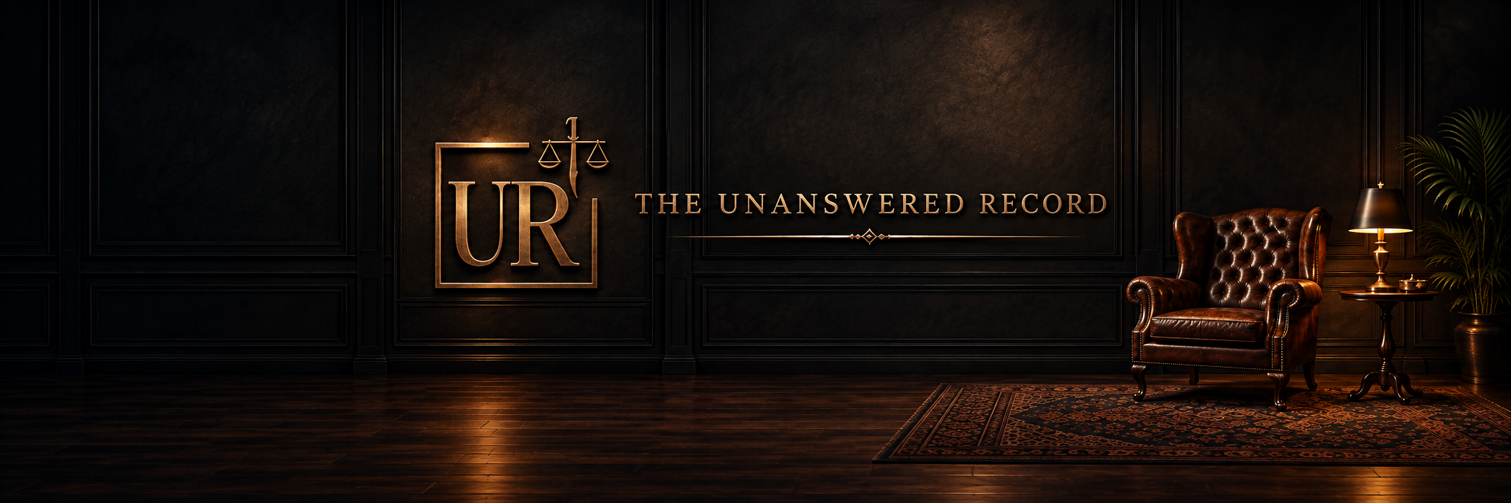 The Unanswered Record’s dark wood-panelled study: a brass UR emblem with sword and scales and the publication’s name on the wall, with a full leather armchair and warm lamplight to the right.
