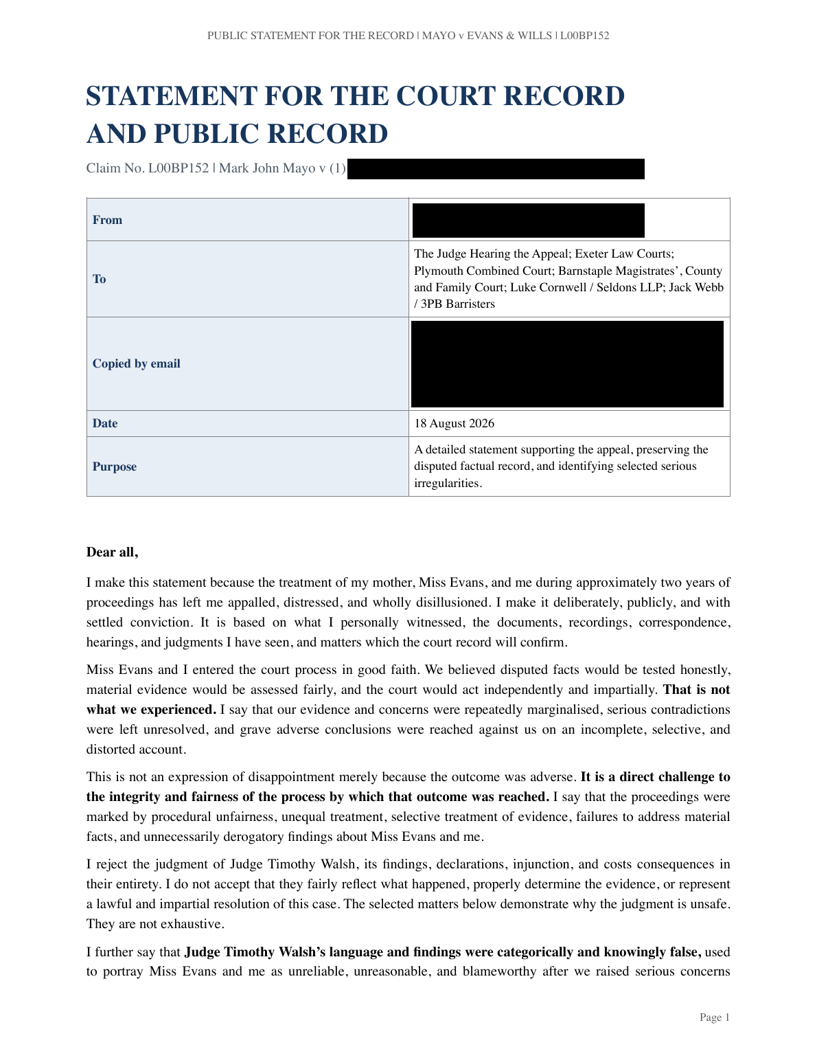 Page 1 of Mr J’s statement: Opening allegation, recipients, purpose and statement date.
