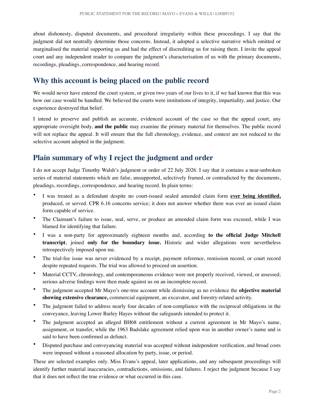 Page 2 of Mr J’s statement: The wider challenge to the treatment of the family and the proceedings.