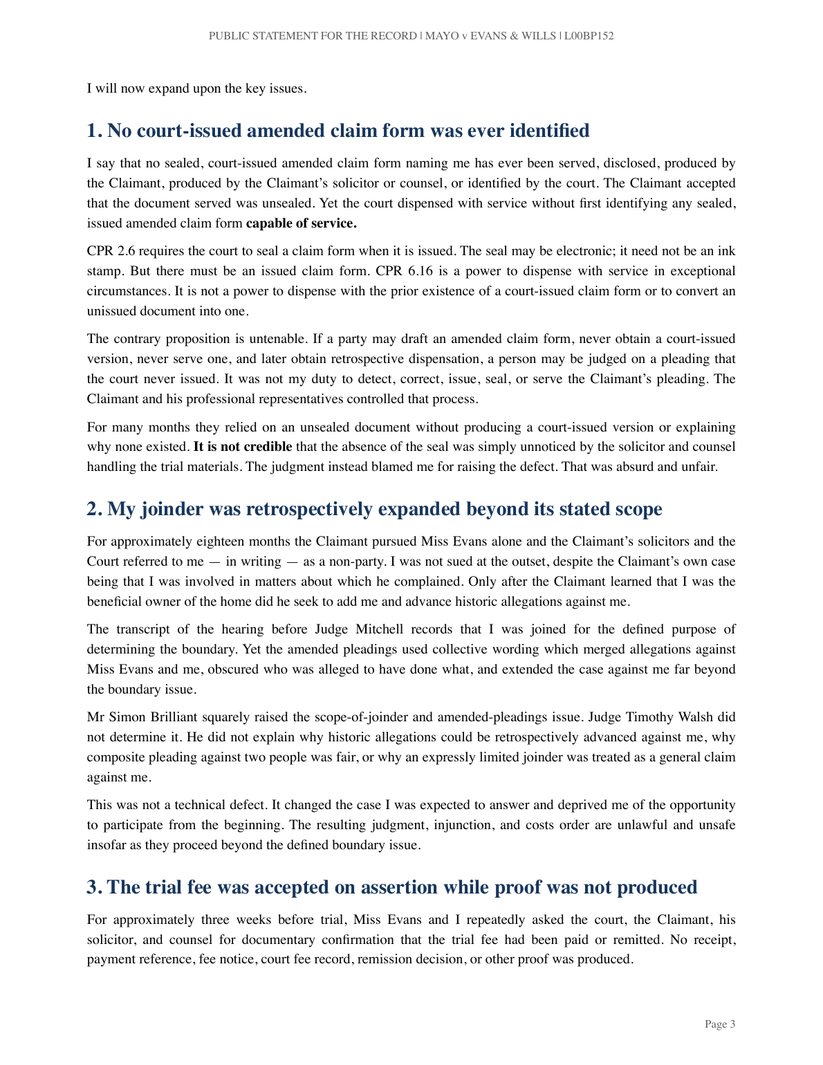Page 3 of Mr J’s statement: Points 1–3: operative claim, scope of joinder and trial fee.