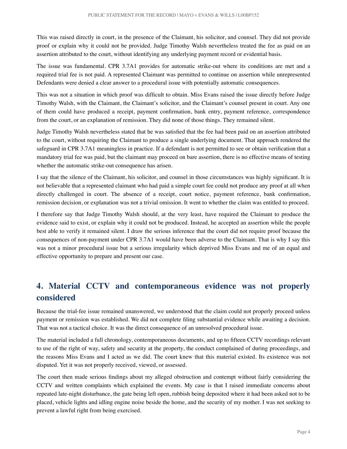 Page 4 of Mr J’s statement: Points 3–4 continued: trial-fee challenge and contemporaneous evidence.