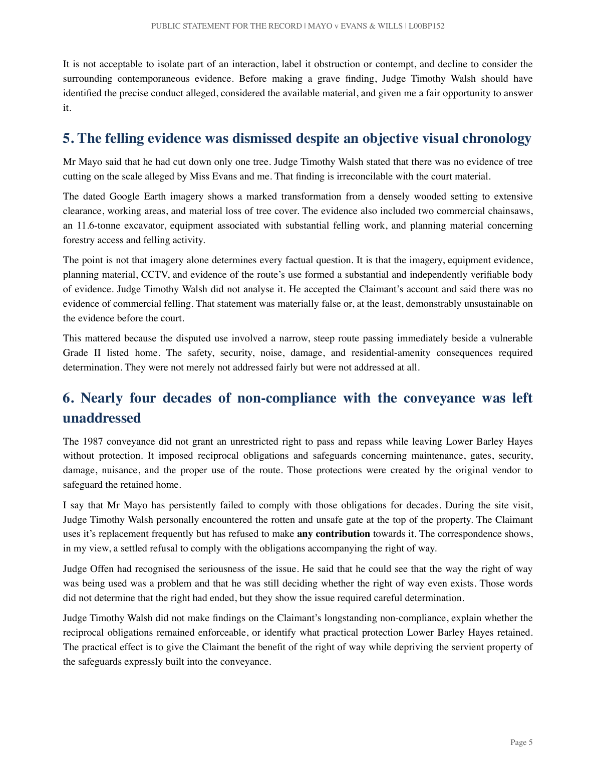 Page 5 of Mr J’s statement: Points 4–6: evidence context, felling and the conveyance safeguards.