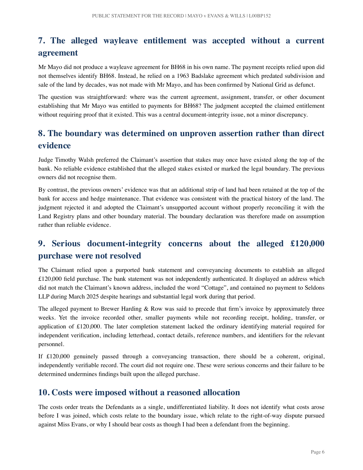 Page 6 of Mr J’s statement: Points 7–10: BH68, boundary, purchase documents and costs.