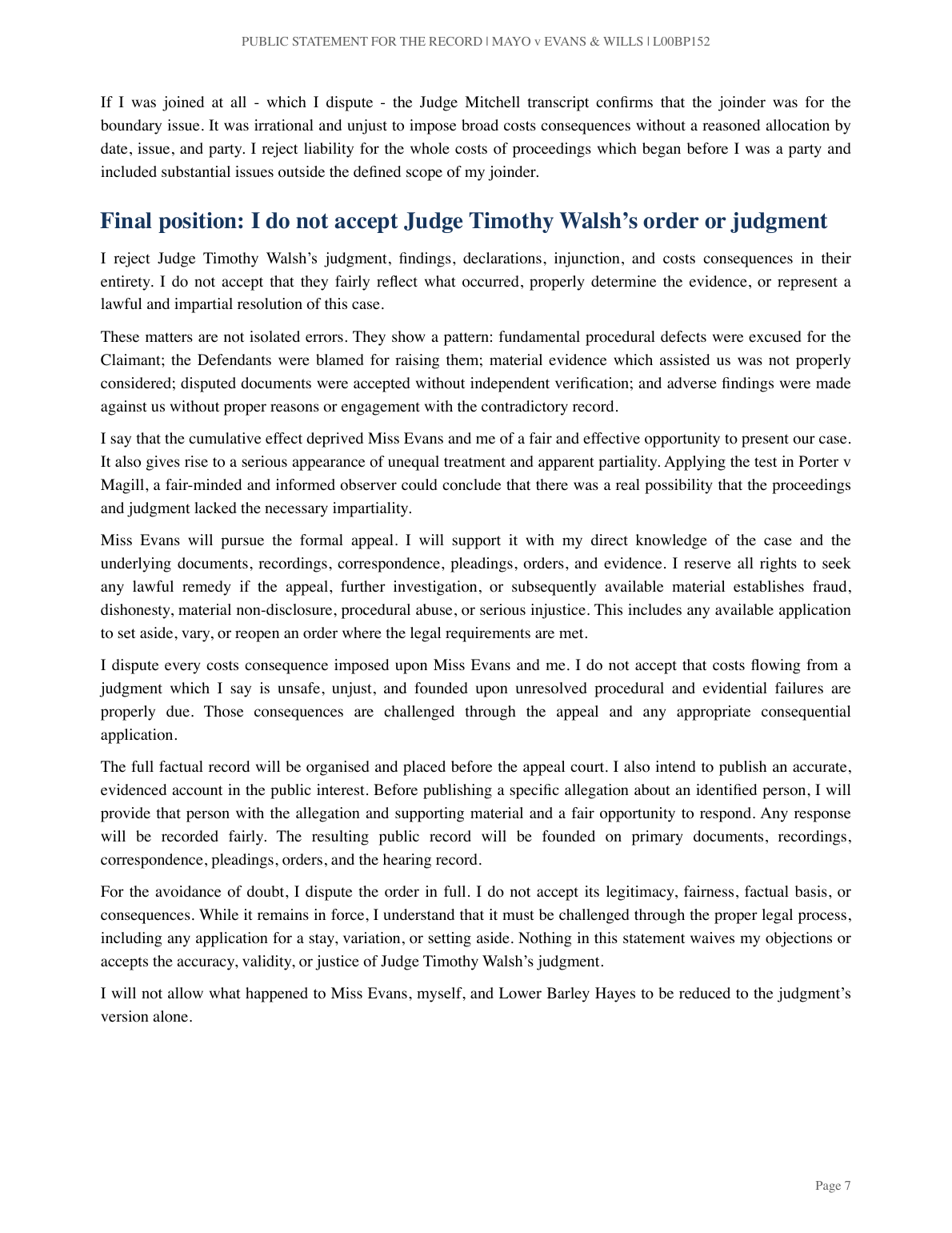 Page 7 of Mr J’s statement: Costs continued; final position, apparent-bias argument and intended appeal.