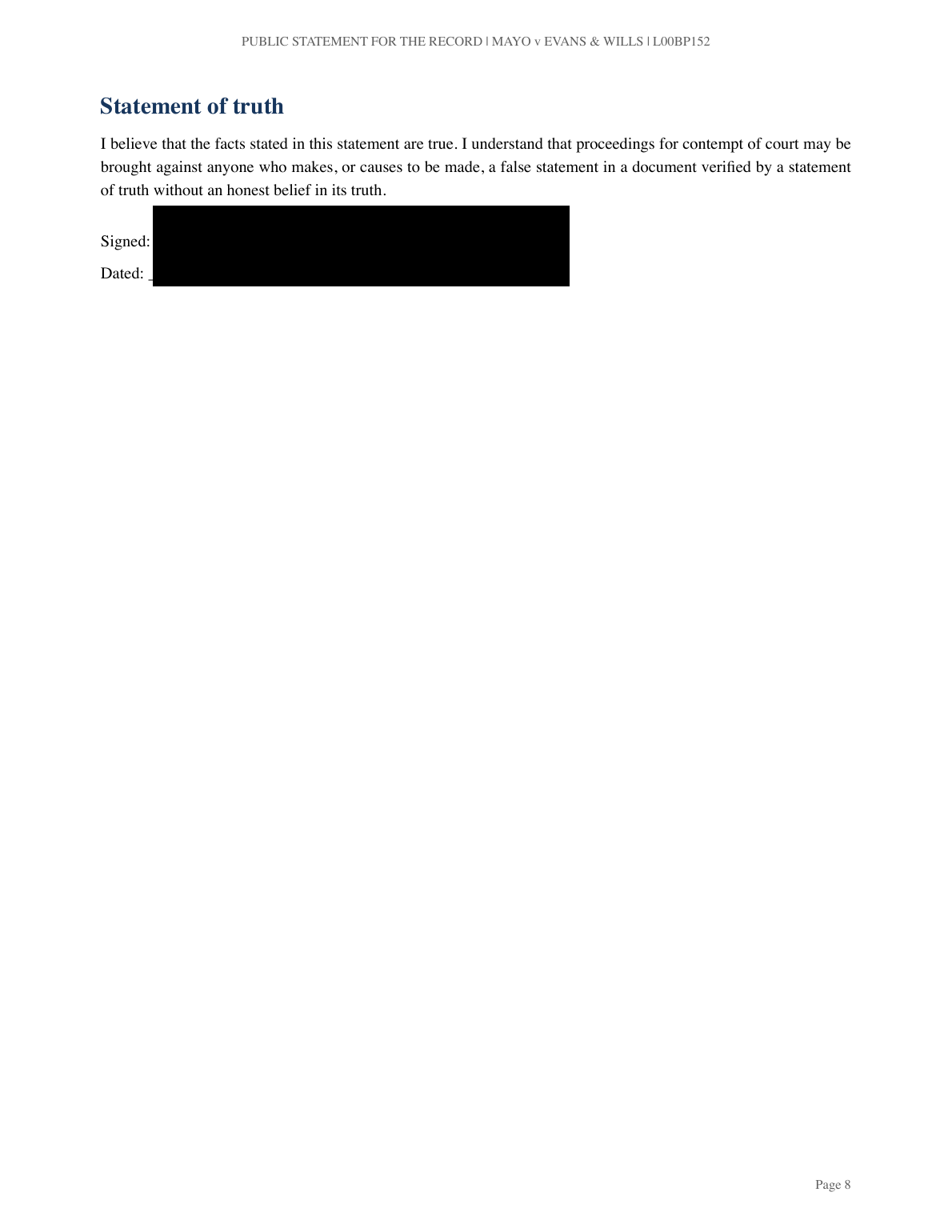 Page 8 of Mr J’s statement: Statement of truth; signed and dated 19 August 2026 in the reviewed copy. Signature/date block and printed name covered.